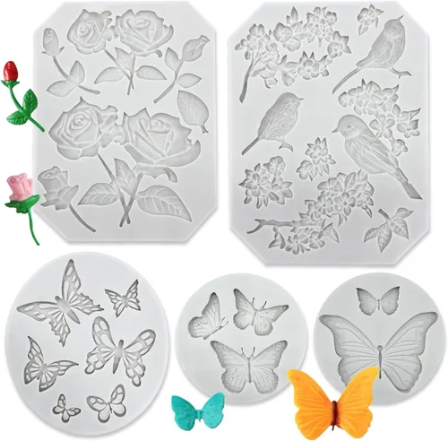 Vista 9 de Paquete de 3 moldes de silicona para fondant de mariposa, rosas, tallos de flores, pájaros, flores, para hacer fondant de chocolate, gelatina