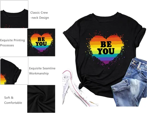 Vista 5 de Camisa de arcoíris para mujer, camiseta de orgullo con estampado de arco iris, camisetas casuales de manga corta Beyou-negro