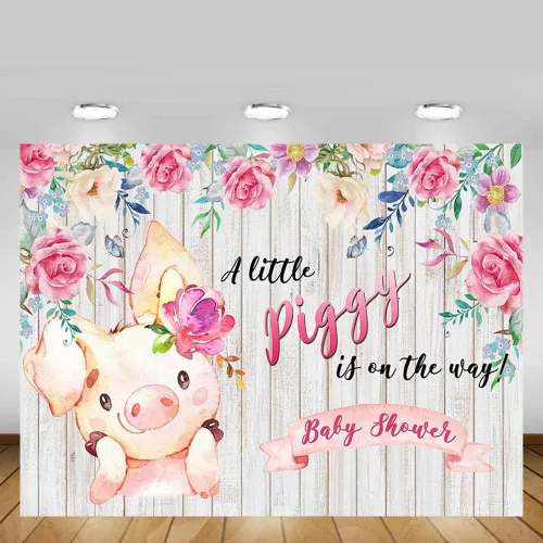 Vista 2 de Sweet A Little Piggy is On The Way Princess Girl Farm Baby Shower - Pancarta de fondo de fotos de primavera rosa floral de madera para fotografía