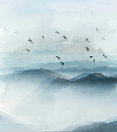 Vista 2 de Papel tapiz para guardería. Papel tapiz de pájaros que vuelan sobre la montaña. Papel tapiz removible, pintura de acuarela de vista de montaña.