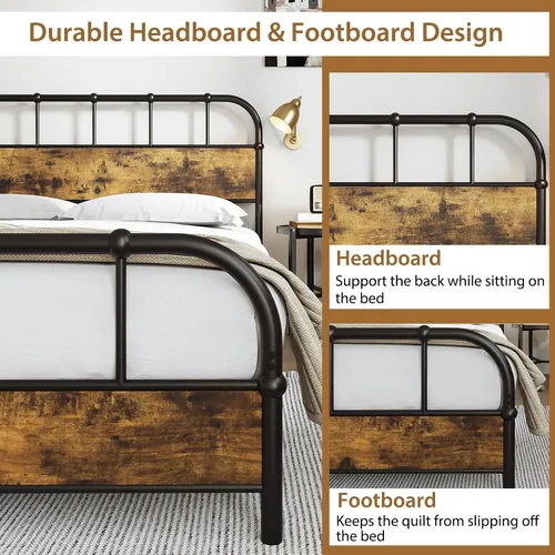 Vista 8 de Giantex Base de cama de metal tamaño Queen con cabecera de madera, base de cama de plataforma industrial con listones de metal resistente, base