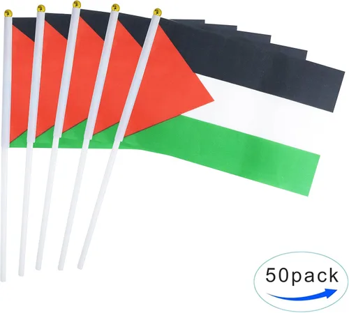 Vista 2 de Paquete de 50 banderas de Palestina, pequeñas mini palestinas de mano con parte superior redonda, suministros de decoración de fiesta para desfiles