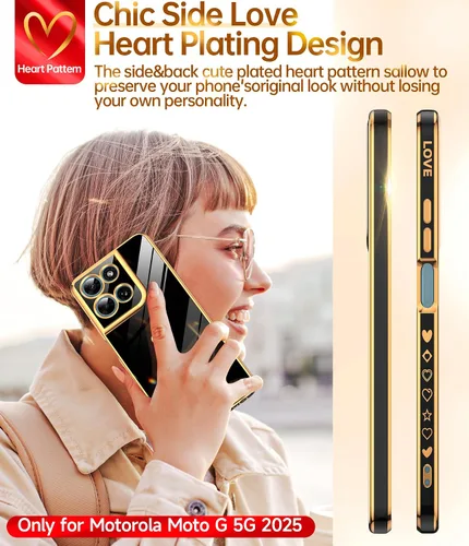Vista 4 de LeYi Funda para Motorola-G 2025: Love Heart Plating Luxury, Negro