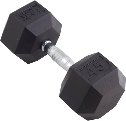 Vista 4 de Body Sport Mancuerna hexagonal con revestimiento de goma, individual – Mancuernas para ejercicios – Equipo de entrenamiento de fuerza – Accesorios
