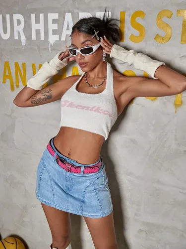 Vista 6 de MakeMeChic Falda Y2K para mujer, de tiro bajo, con solapa y bolsillo, mini falda de mezclilla