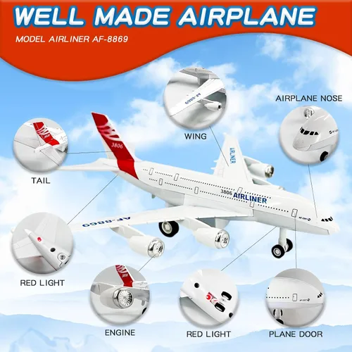Vista 2 de OTONOPI Avión de juguete de avión de juguete de metal fundido a presión para tirar hacia atrás, aerolíneas de juguete con luces y sonidos para niños
