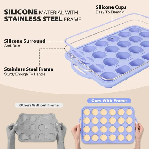 Vista 4 de Mini Molde de Silicona para Muffins con Marco de Metal, Molde de Silicona Antiadherente para Cupcakes con Asas de 24 Tazas, Bandeja de Molde
