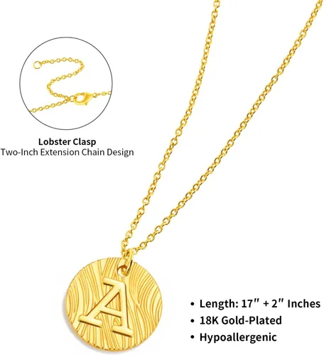 Vista 2 de Collar delicado con inicial, chapado en oro de 14 quilates, collar de oro con inicial de moneda para mujer