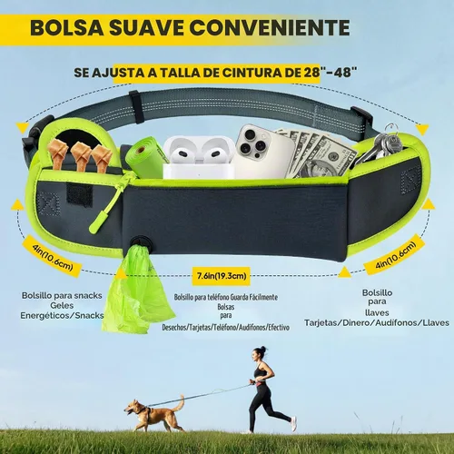 Vista 5 de Fida Correa de perro 3 en 1 manos libres con bolsa de cremallera y elástico, correa reflectante cruzada para correr para perros con asa de tráfico