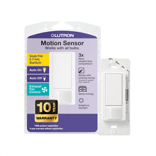 Vista 33 de Lutron Maestro Interruptor de luz con sensor de movimiento y placa de pared para baño, garaje, lavandería, cualquier bombilla, sensor de ocupación