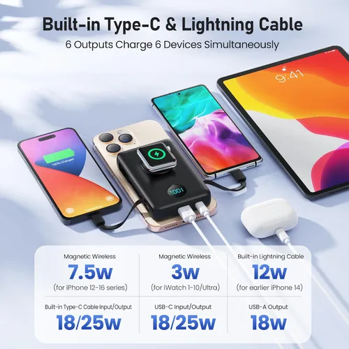 Vista 3 de Cargador portátil magnético para MagSafe con cable integrado, cargador para iWatch, banco de energía inalámbrico de 10800mAh, artículos esenciales