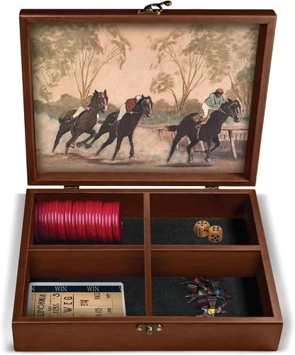 Vista 4 de WE Games Derby Horse Race Juego de mesa con piezas de juego de metal y caja de almacenamiento de recuerdos de madera, noche de juegos familiares