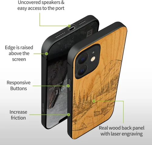 Vista 9 de Carveit Funda magnética de madera para iPhone 12 [madera natural y TPU suave negro] a prueba de golpes, funda de madera única compatible con MagSafe