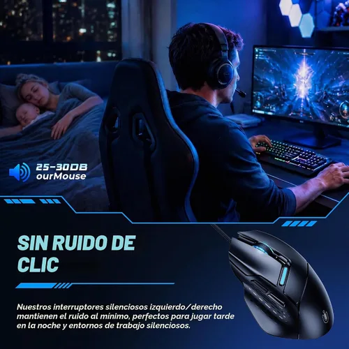 Vista 4 de Uineer Ratón para juegos con cable, 7200 DPI, 6 botones programables
