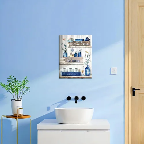 Vista 8 de BFKDKG Arte Decorativo de Pared para Baño Azul Marino Lienzo de Pared Decorativo para Baño Azul Rústico Por Favor Siéntate en Tu Propio Logo Pintura