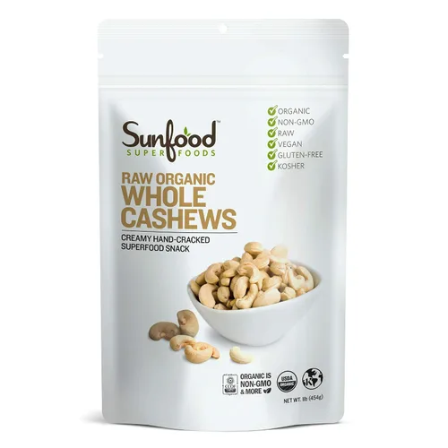 Vista 2 de Sunfood Superfoods Anacardos enteros orgánicos crudos, anacardos crudos, anacardos orgánicos sin sal, anacardos naturales enteros a granel, sin