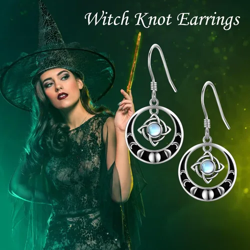 Vista 4 de Pendientes de nudo de brujas de plata de ley, aretes de nudo mágico de bruja, piedra lunar, joyería pagana, joyería de fase para mujeres y niñas