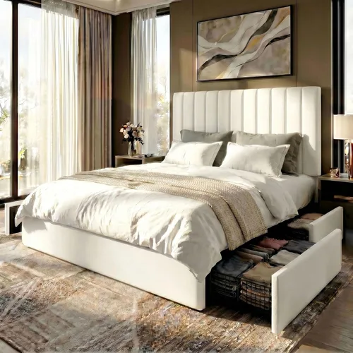 Vista 12 de SHA CERLIN Base de cama de plataforma tamaño matrimonial con 4 cajones de almacenamiento, cabecera acolchada vertical con diseño acanalado