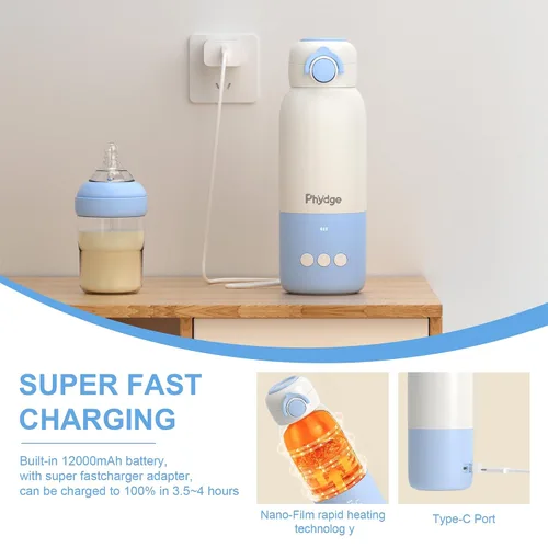 Vista 5 de Calentador de biberones portátil para viajes, calentador de leche de bebé sin cables de 12.5oz para llevar, para fórmula, leche materna, agua, 3