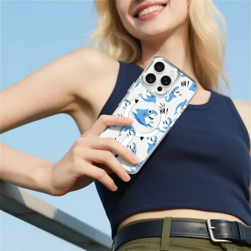 Vista 7 de Funda para iPhone 13 Pro, transparente con bonito patrón de tiburón azul, compatible con Magsafe funda protectora suave para mujeres y niñas (blanco)
