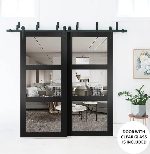 Vista 4 de Panel de puerta de granero de losa de 18 x 80 pulgadas Lucia 2555 negro mate con vidrio transparente Puertas interiores con acabado resistente