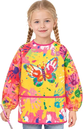 Vista 13 de WERNNSAI Bata de arte para niños impermeable con manga larga y 3 bolsillos de pintura