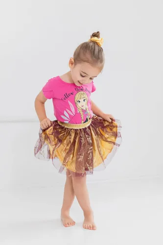 Vista 2 de Disney Princess Moana Frozen - Conjunto de 3 piezas con falda de malla de tul y coletero para niñas pequeñas a niños grandes