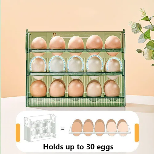 Vista 5 de DABATO Caja de almacenamiento para refrigerador de huevos, verde, de 3 capas, con giro automático, diseño vertical, 11 x 7 x 5.5 pulgadas