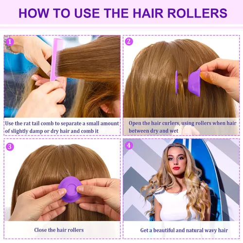 Vista 4 de JULBEAR Rodillos para el cabello, 60 rizadores de silicona morados, incluyendo 30 piezas grandes, 30 unidades, pequeña para la noche, sin calor