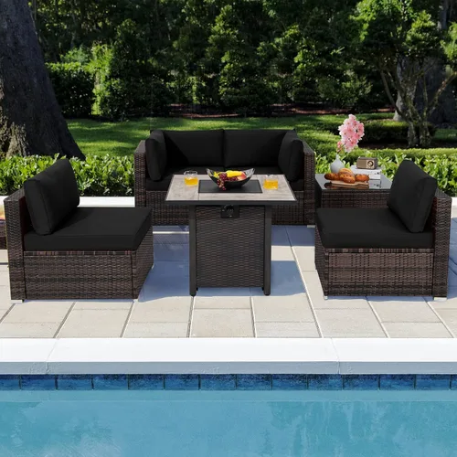 Vista 3 de Tangkula Patiojoy Juego de sofá de ratán para exteriores de 6 piezas con mesa de fuego de gas propano de 30 pulgadas, mesa de cerámica para fuego