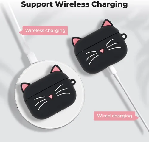 Vista 7 de Linda funda para Airpods Pro, funda para Airpods Pro 2, diseño de gatos y gatitos con bigote negro, divertidos animales de dibujos animados en 3D, a
