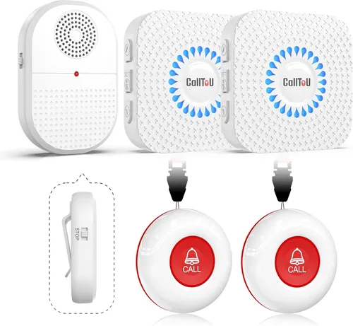 Vista 10 de CallToU Botón de llamada para personas mayores en casa, campana de llamada inalámbrica de 500 pies con 1 vibrador portátil y 1 receptor enchufable