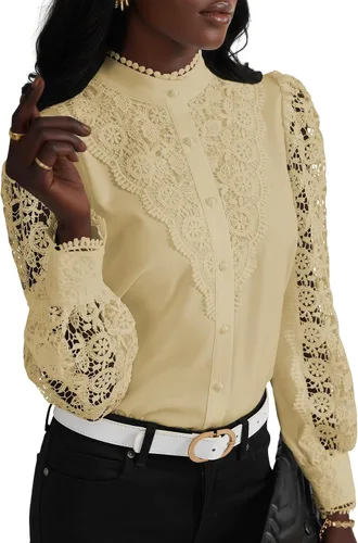 Vista 14 de Rooscier Blusa Elegante de Encaje de Crochet con Cuello Alto Simulado de Manga Larga con Botones para Mujer Top