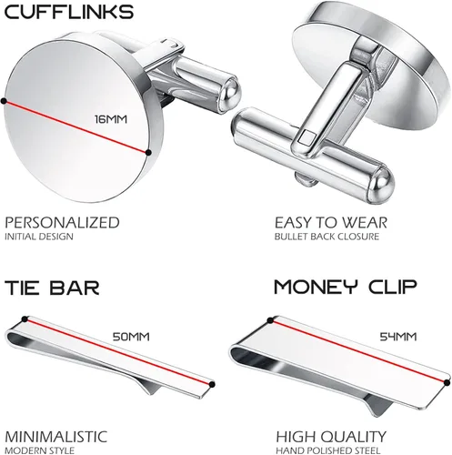 Vista 3 de BodyJ4You 4PC Cufflinks, Tie Bar, Money Clip - Initial A-Z Engraving Alphabet Letter - Mirror Polished Steel Men Jewelry - Cuff Links Shirt Tie Suit
