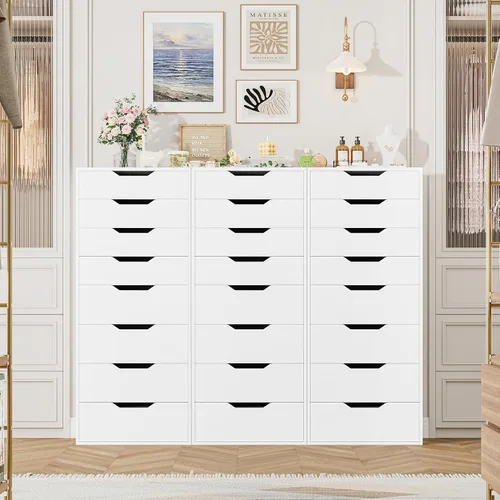 Vista 5 de FACBOTALL Cómoda blanca alta, cómoda de 8 cajones con asas ranuradas, cómodas altas blancas, cómoda moderna con gran espacio de almacenamiento