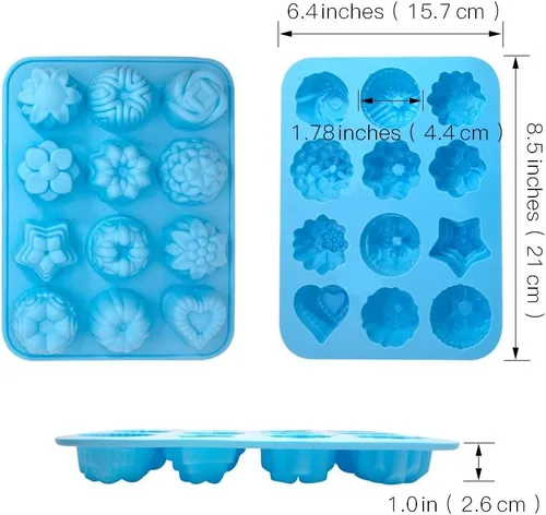 Vista 2 de Paquete de 3 moldes de silicona para hornear, antiadherentes de 12 cavidades, magdalenas, chocolate, gelatina, pudín, caramelo, azul, verde, rojo
