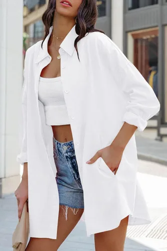 Vista 5 de FSHAOES Camisas de gran tamaño con botones para mujer, estilo casual, sueltas, de manga larga, con solapa, blusas largas con bolsillos