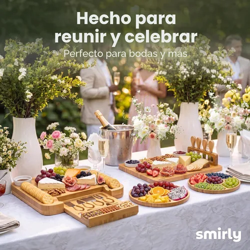 Vista 8 de SMIRLY Juego de tablas de charcutería, juego de tablas de queso grande, bandeja de bambú natural para quesos con accesorios, regalos de inauguración