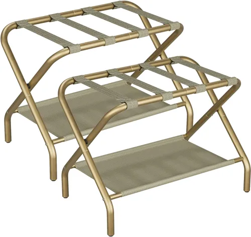 Vista 10 de Smuxee Portaequipajes Negro Paquete de 2, Soporte Plegable para Maletas con Estante de Almacenamiento de Tela, Portamaletas con 4 Correas de Nailon