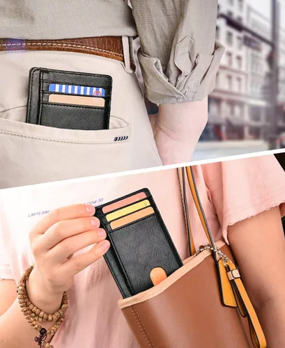 Vista 4 de Cartera delgada minimalista de cuero para tarjetas de crédito RFID bloqueo con ventana de identificación