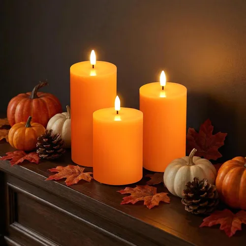 Vista 4 de Eywamage Velas de pilar sin llama de otoño naranja con control remoto, velas LED parpadeantes de cera de Acción de Gracias, funciona