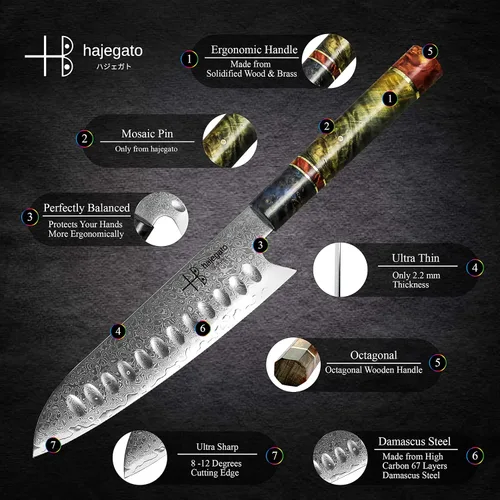 Vista 4 de Cuchillo de chef de Damasco Santoku único, de una pieza, mango profesional, cuchillo de cocina japonés de 7 pulgadas, VG10 de 67 capas de acero