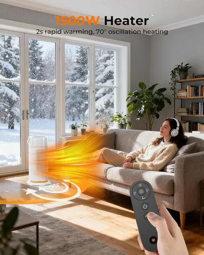 Vista 2 de Calentador de espacio: calentadores de espacio portátiles de 1500 W para uso en interiores, calentador eléctrico de cerámica PTC con control remoto