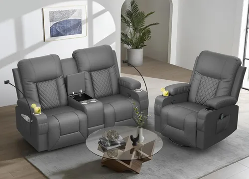 Vista 22 de YONISEE Juego de muebles de sala de estar, sofá biplaza reclinable de 2 plazas y silla reclinable giratoria de 360° con masaje, sofá reclinable