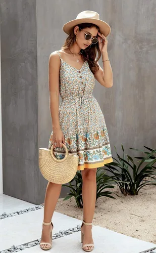 Vista 3 de PRETTYGARDEN - Vestido corto floral de verano, cuello en V, tirantes delgados, abotonado, vestido de verano, vestido mini de verano con volantes