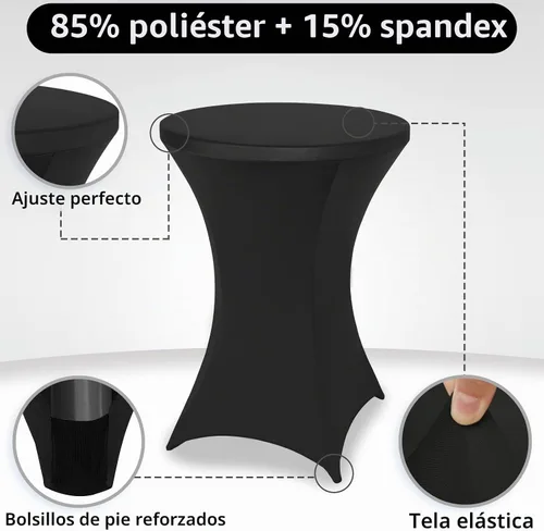 Vista 4 de FestiCorp Mantel de Mesa Negro de Spandex, Manteles Ajustados para Cóctel, Manteles Elásticos Redondos para Mesa Alta para Fiestas, Bar, Bodas