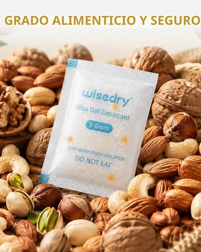 Vista 4 de Wisedry 5 Gram [60 Paquetes] Bolsas de Gel de Sílice de Grado Alimentario Recargables Deshumidificadores Desecantes con Cuentas Indicadoras