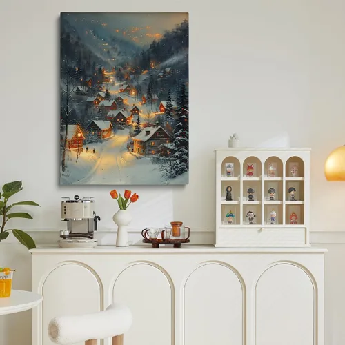Vista 2 de Arte de pared de pueblo de invierno, encantadoras casas de pueblo cubiertas de nieve, escena nocturna acogedora, arte de pared, decoración navideña