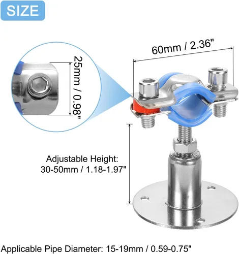 Vista 2 de uxcell Soporte de tubería de acero inoxidable para montaje en pared, soporte de tubo de montaje en techo, altura ajustable de 1.181-1.969 in