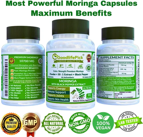 Vista 13 de Cápsulas de moringa prémium con pimienta negra. Polvo de oleifera de moringa y extracto de moringa 50:1 para obtener los máximos beneficios, 90